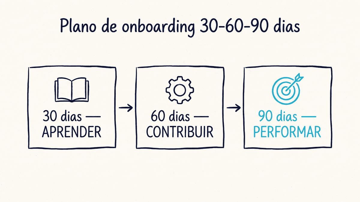 Plano de onboarding 30-60-90 dias: 30 dias para aprender, 60 para contribuir, 90 para performar