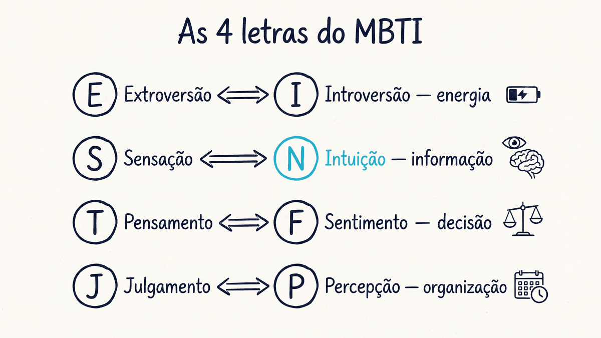 As 4 letras do MBTI: Extroversão/Introversão (energia), Sensação/Intuição (informação), Pensamento/Sentimento (decisão), Julgamento/Percepção (organização)