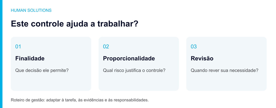 Três perguntas para avaliar um controle: finalidade, proporcionalidade e revisão.
