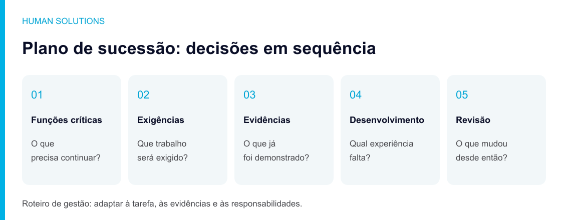 Cinco etapas do plano: funções críticas, exigências, evidências, desenvolvimento e revisão.
